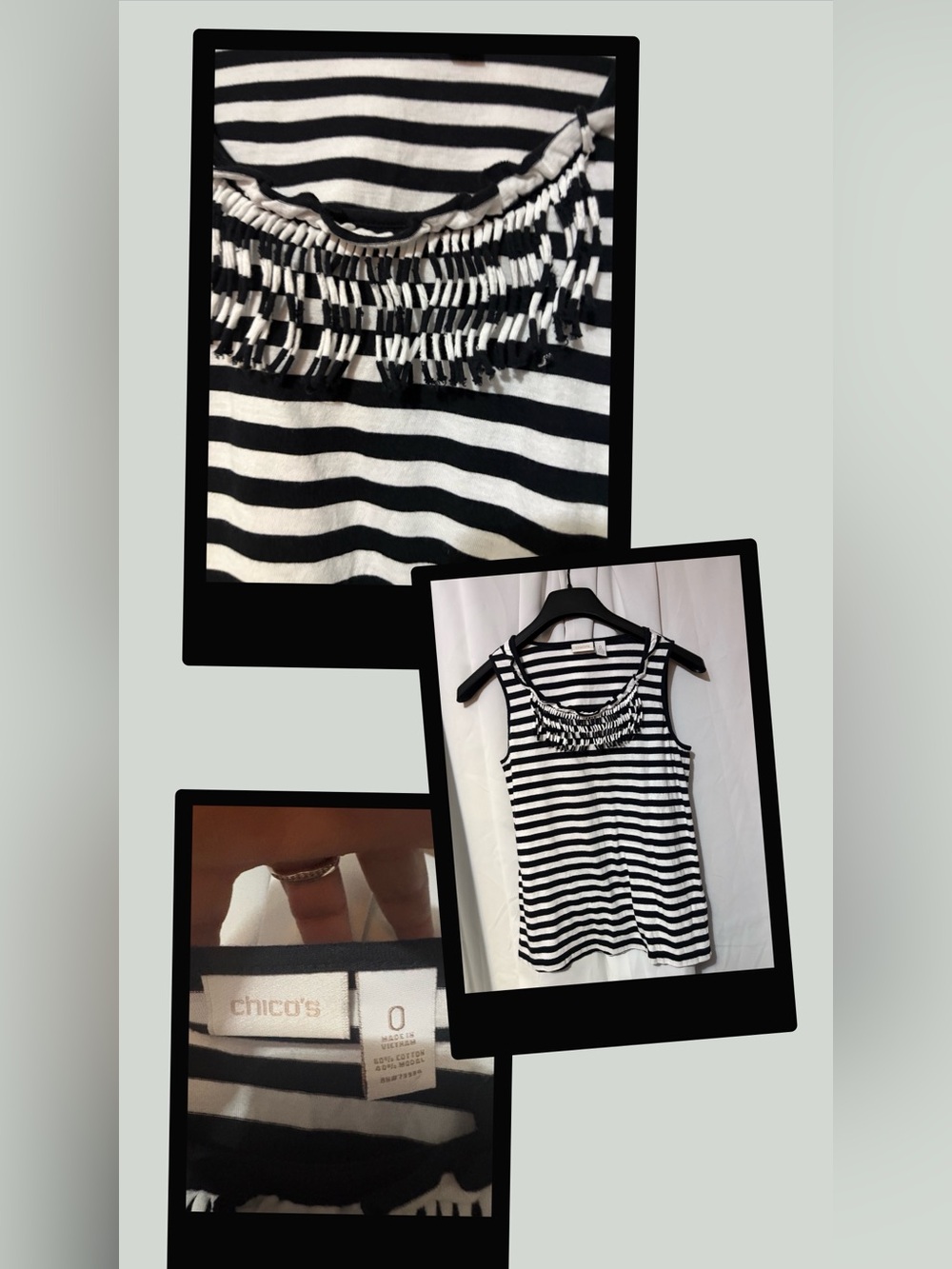 Chico's Black & White Striped Sleeveless Fringe-Neck Tank #2110